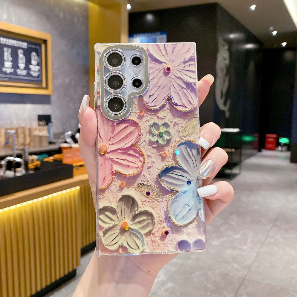 Ins Hot Oil Painting Flower Samsung Case withLens Protector Film