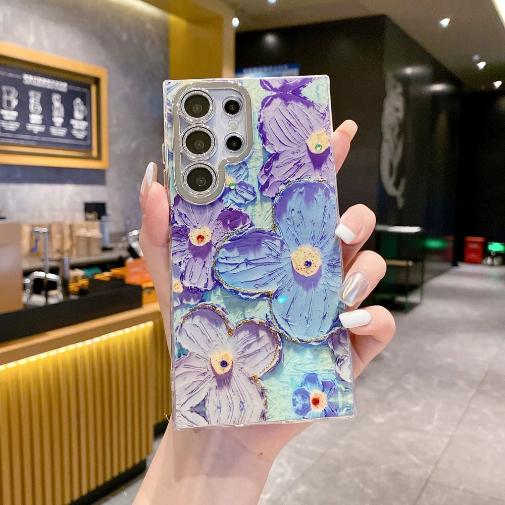Ins Hot Oil Painting Flower Samsung Case withLens Protector Film