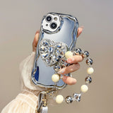 Love Heart Rhinestone Bracket Mirror Case for iPhone