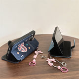 Chain Heart Embroidery Denim Flip Case For iPhone