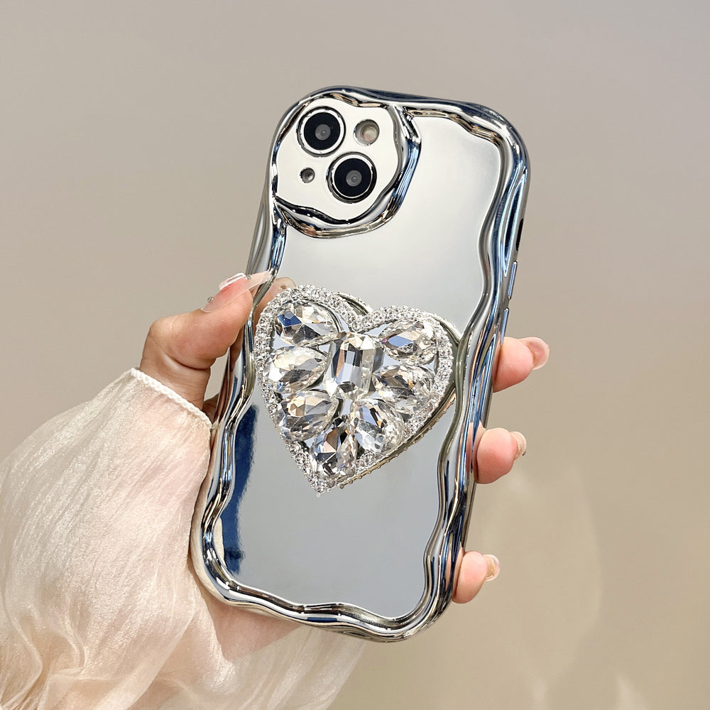Love Heart Rhinestone Bracket Mirror Case for iPhone