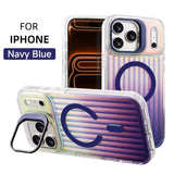Luxury Glass Lens Kickstand Stripes Magnetic Case For iPhone