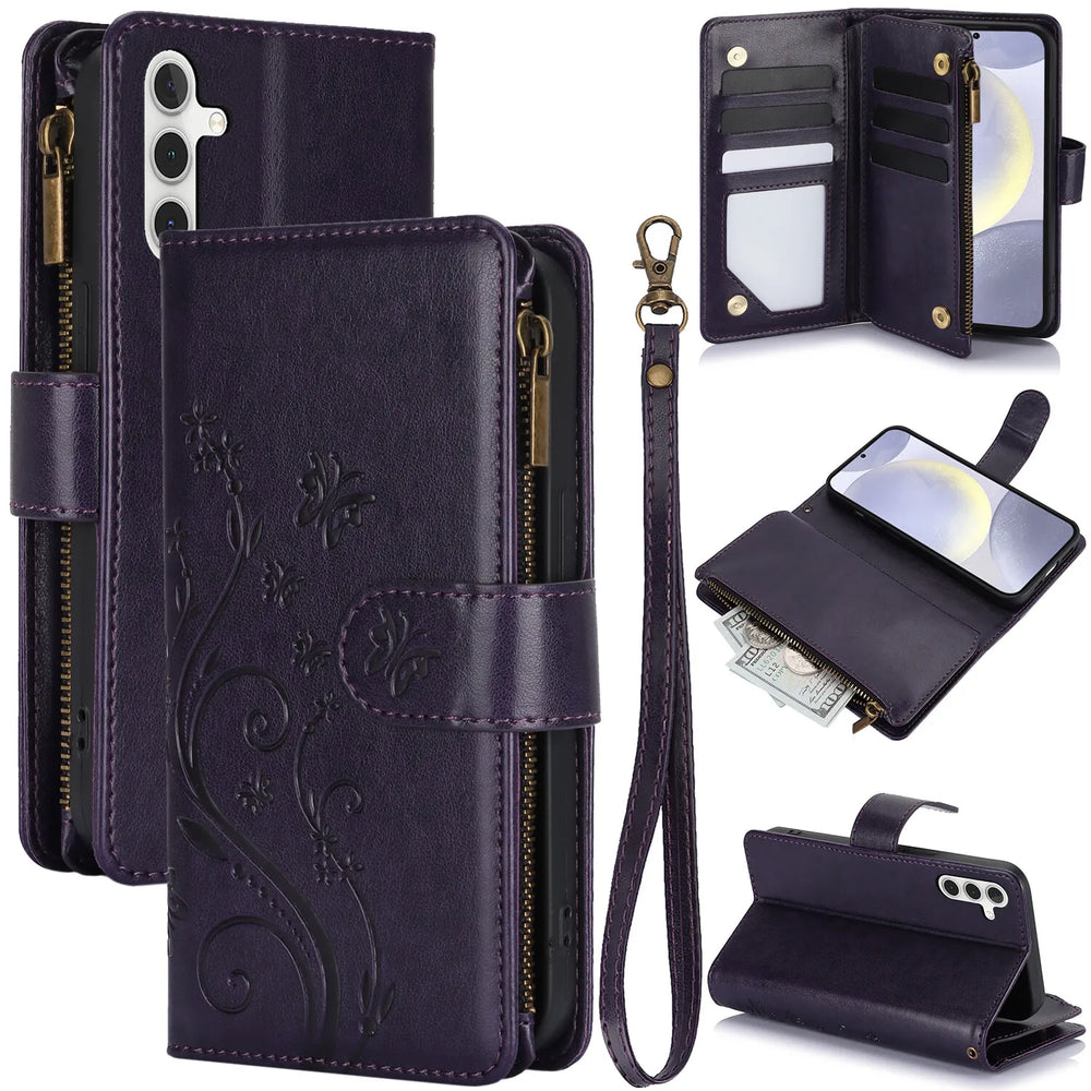 Card Slots Stand Flip Zipper Leather Wallet Phone Case For Samsung