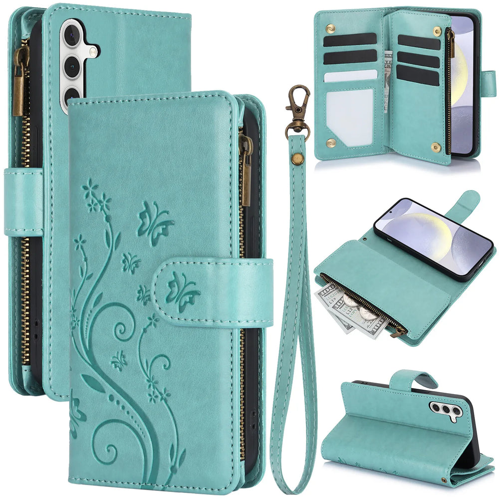 Card Slots Stand Flip Zipper Leather Wallet Phone Case For Samsung