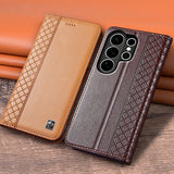 Genuine Leather Magnetic Cowhide Grid Wallet Case for Samsung