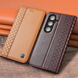 Genuine Leather Magnetic Cowhide Grid Wallet Case for Samsung