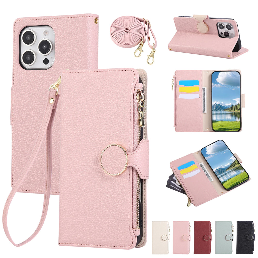 Crossbody Zipper Cards Solt Leather Wallet Case For iPhone