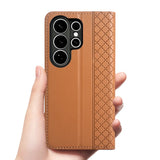 Genuine Leather Magnetic Cowhide Grid Wallet Case for Samsung