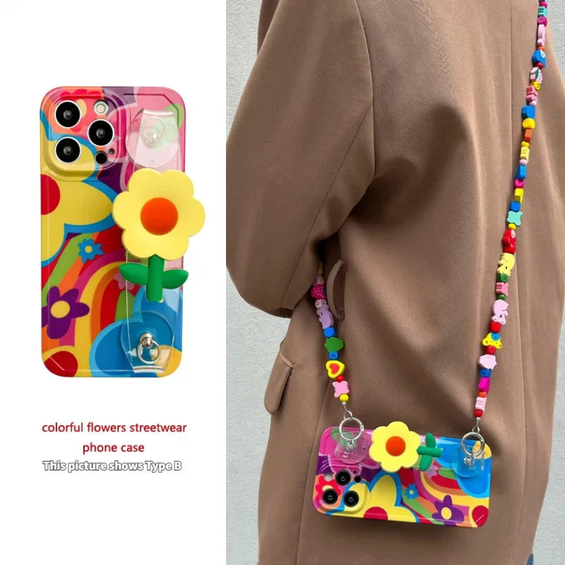 Flower With Lanyard Neck Strap  Silicone Phone Case For iPhone