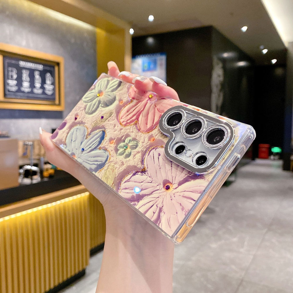 Ins Hot Oil Painting Flower Samsung Case withLens Protector Film