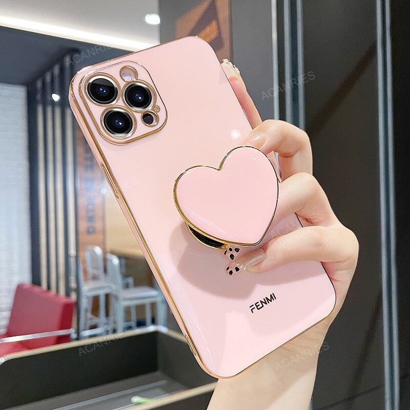 Plating Love Heart Phone Holder Case For iPhone