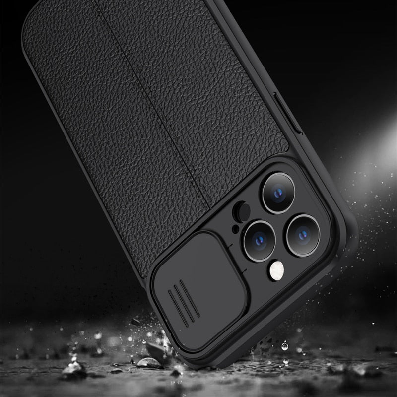 Leather Texture Slide Camera Lens Protection Case For iPhone