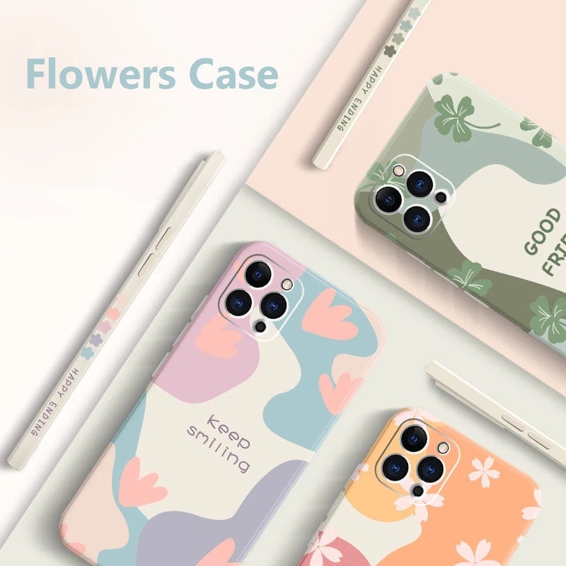 Soft Liquid Silicone Flowers Square Protect Case For iPhone