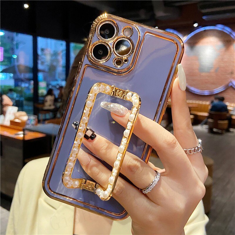 Shiny Square Holder Plating Phone Case For iPhone